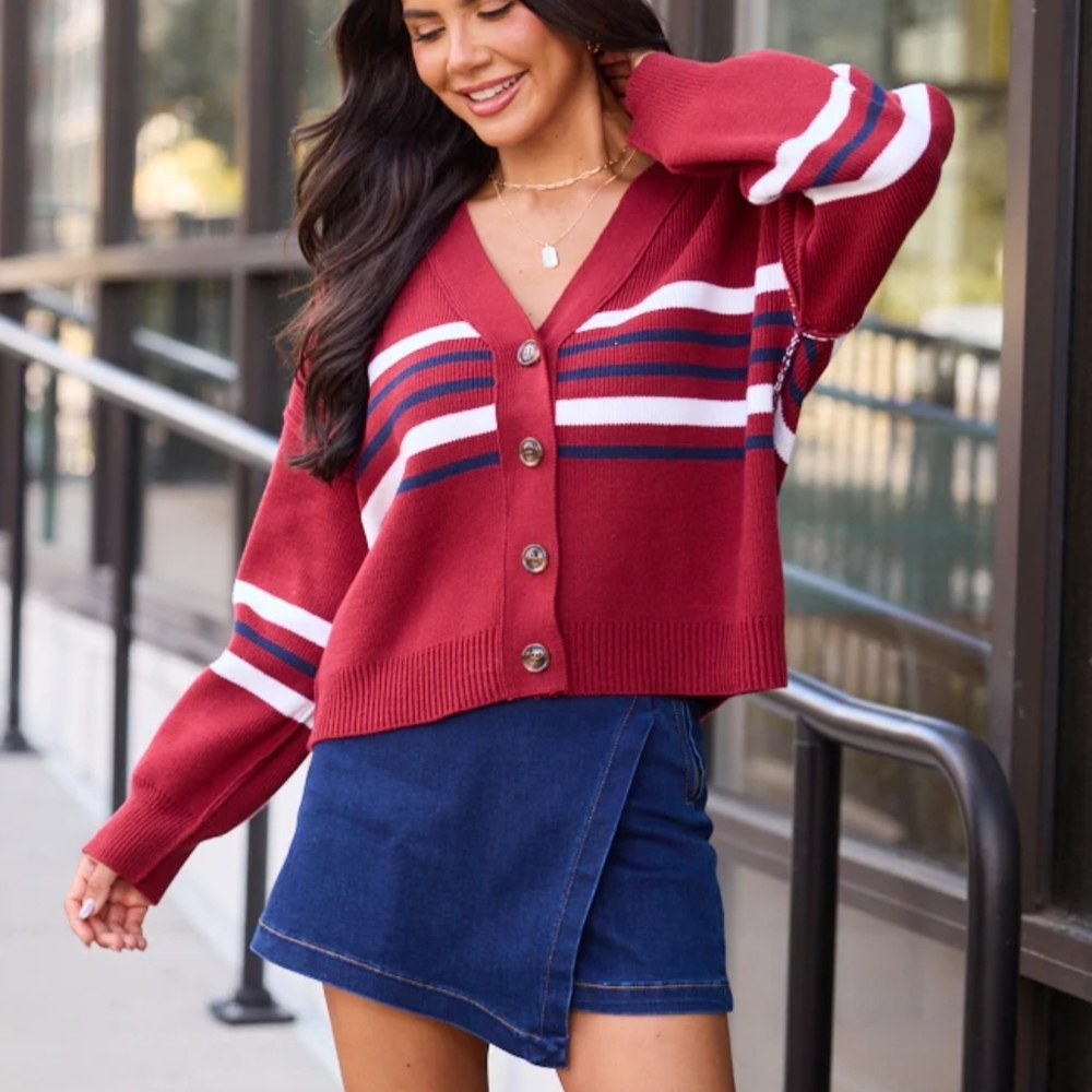 Pink Lily Burgundy Striped Cardigan